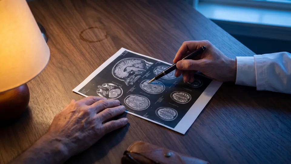 Médico aponta com a caneta um exame de imagem sobre a mesa, diante da mão do paciente
